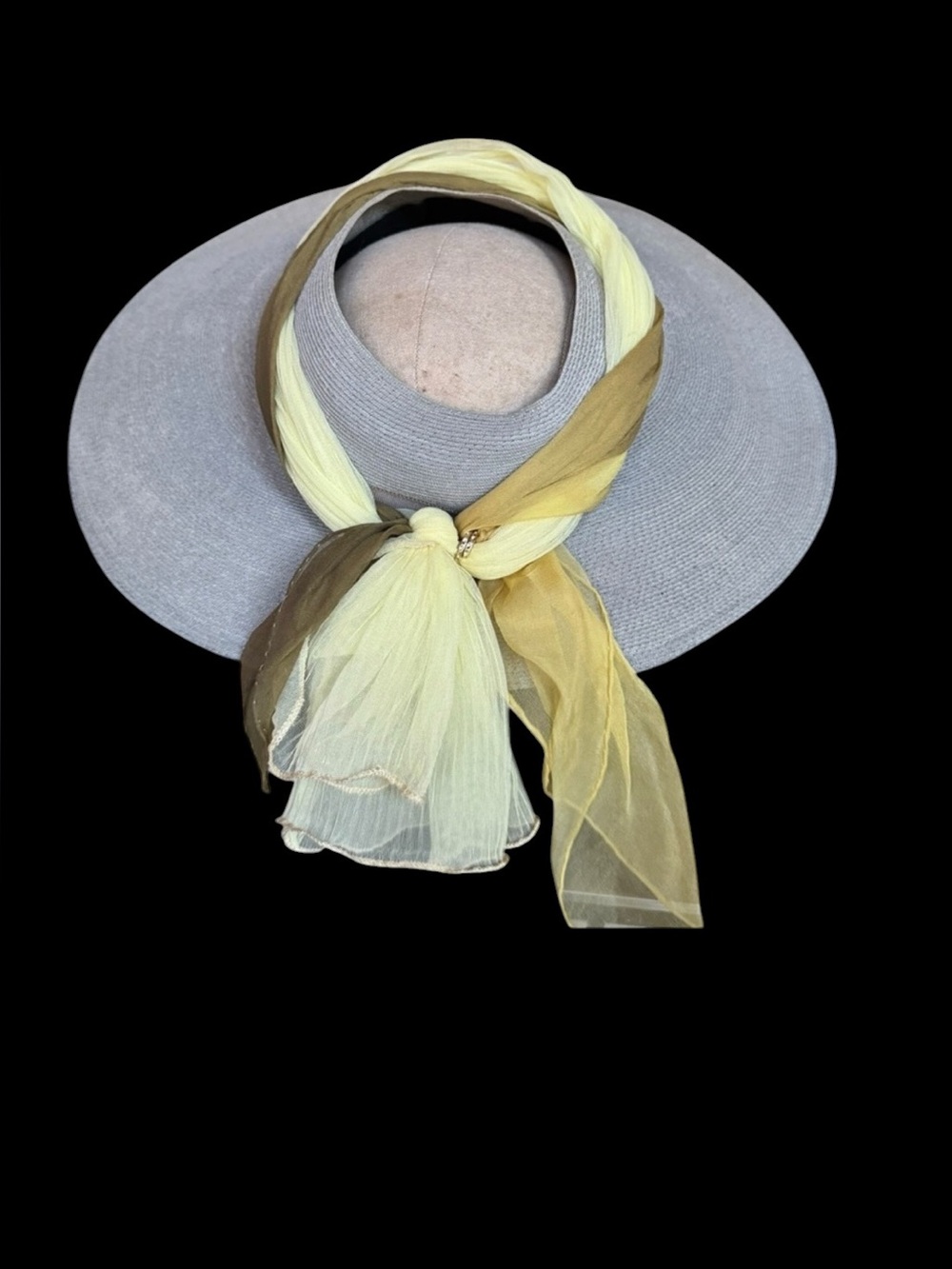 1950s L.S. Ayres‎ Open Crown Surrounded w/Green & Yellow Scarf Wide Brim Sun Hat - Picture 4 of 7